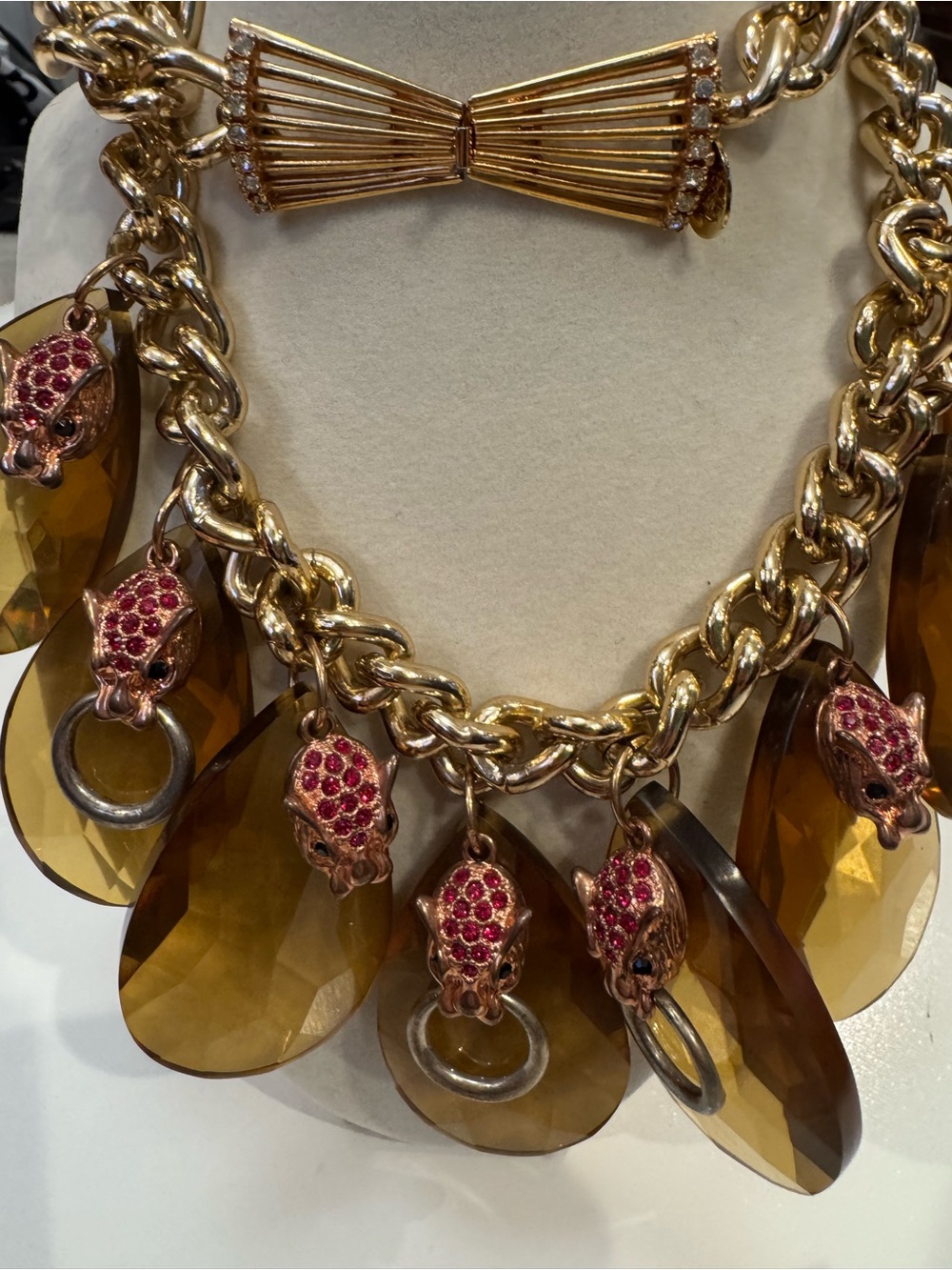 Mawi London Leopard Red Rhinestone Gold Chunky Chain necklace Statement Amber